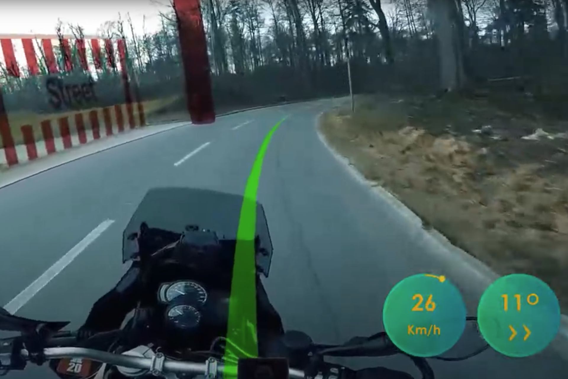 Extraordinary AI motorcycle HUD highlights hazards and cornering lines